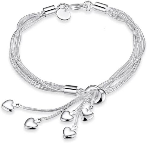 925 Sterling Silver Multi-Strand Five Heart Charm Bracelet, 5 Dangling Hearts, Silver in Saudi Arabia