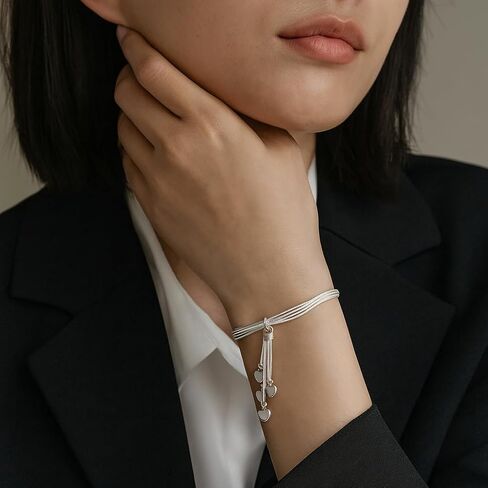 925 Sterling Silver Multi-Strand Five Heart Charm Bracelet, 5 Dangling Hearts, Silver in Saudi Arabia