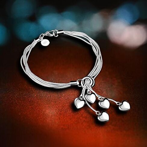 925 Sterling Silver Multi-Strand Five Heart Charm Bracelet, 5 Dangling Hearts, Silver in Saudi Arabia