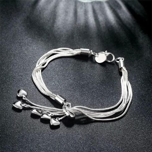 925 Sterling Silver Multi-Strand Five Heart Charm Bracelet, 5 Dangling Hearts, Silver in Saudi Arabia