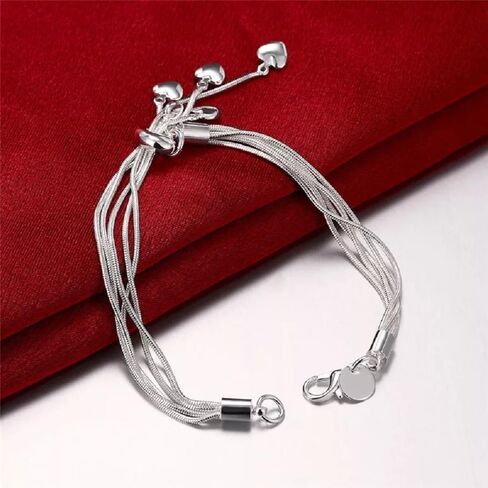 925 Sterling Silver Multi-Strand Five Heart Charm Bracelet, 5 Dangling Hearts, Silver in Saudi Arabia