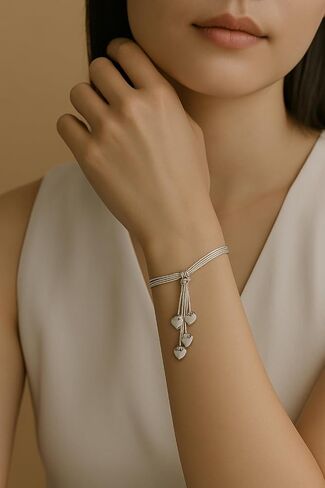 925 Sterling Silver Multi-Strand Five Heart Charm Bracelet, 5 Dangling Hearts, Silver in Saudi Arabia