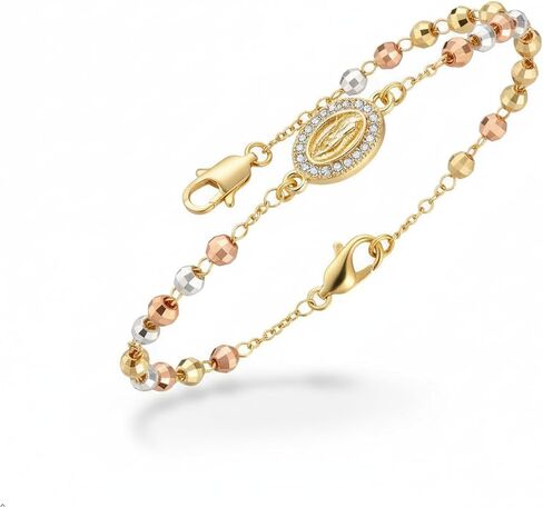 Catholic Rosary Bracelet for Women, 14K Gold Plated Cross Charm with Virgin Mary Medal, Tri-Color Beads, Lobster Claw Clasp, 7.87 Inch in Saudi Arabia
