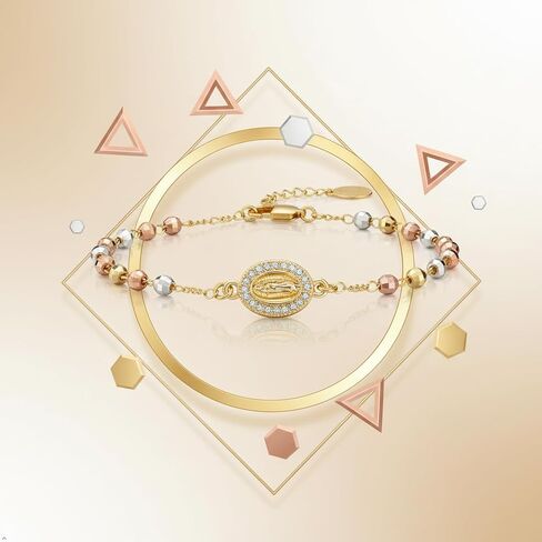 Catholic Rosary Bracelet for Women, 14K Gold Plated Cross Charm with Virgin Mary Medal, Tri-Color Beads, Lobster Claw Clasp, 7.87 Inch in Saudi Arabia
