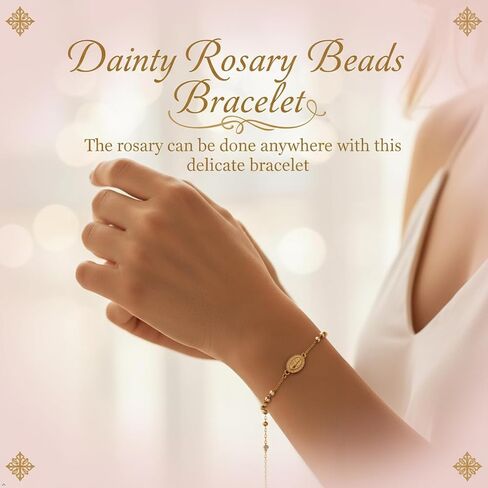 Catholic Rosary Bracelet for Women, 14K Gold Plated Cross Charm with Virgin Mary Medal, Tri-Color Beads, Lobster Claw Clasp, 7.87 Inch in Saudi Arabia