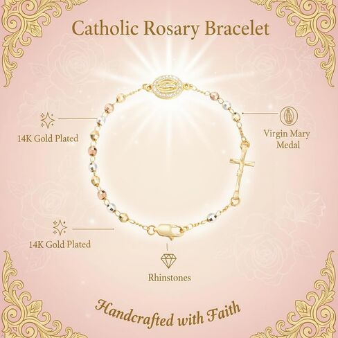 Catholic Rosary Bracelet for Women, 14K Gold Plated Cross Charm with Virgin Mary Medal, Tri-Color Beads, Lobster Claw Clasp, 7.87 Inch in Saudi Arabia