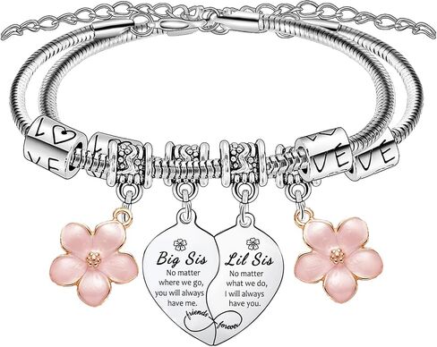 Big Sister Little Sister Gifts 2 Pcs Heart Matching Bracelets for Sisters Bracelets for Big Sis Lil Sis Bracelet Gifts for Sisters Friend Besties Christmas Birthday Present Flower Charm Bracelet in Saudi Arabia