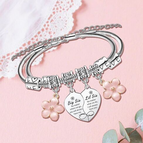 Big Sister Little Sister Gifts 2 Pcs Heart Matching Bracelets for Sisters Bracelets for Big Sis Lil Sis Bracelet Gifts for Sisters Friend Besties Christmas Birthday Present Flower Charm Bracelet in Saudi Arabia