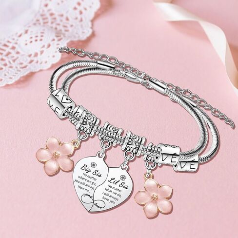 Big Sister Little Sister Gifts 2 Pcs Heart Matching Bracelets for Sisters Bracelets for Big Sis Lil Sis Bracelet Gifts for Sisters Friend Besties Christmas Birthday Present Flower Charm Bracelet in Saudi Arabia