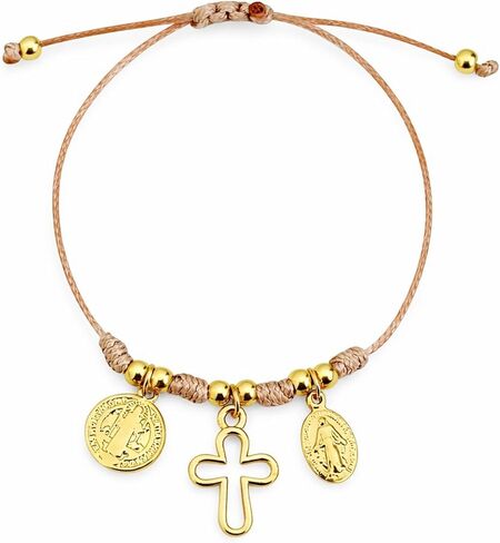 Catholic Bracelet for Women, Handmade Cross & Miraculous Medal, Adjustable Cord, Religious Jewelry, Faith Bracelet Gift, Gold Plated Charm, Boho Minimalist in Kuwait