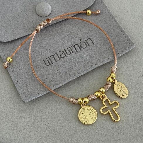 Catholic Bracelet for Women, Handmade Cross & Miraculous Medal, Adjustable Cord, Religious Jewelry, Faith Bracelet Gift, Gold Plated Charm, Boho Minimalist in Kuwait
