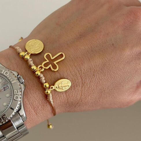 Catholic Bracelet for Women, Handmade Cross & Miraculous Medal, Adjustable Cord, Religious Jewelry, Faith Bracelet Gift, Gold Plated Charm, Boho Minimalist in Kuwait