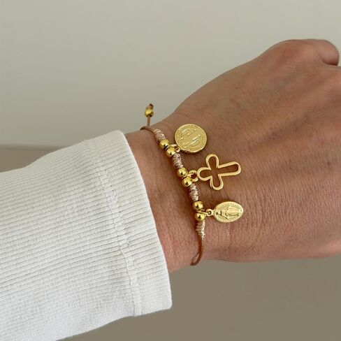 Catholic Bracelet for Women, Handmade Cross & Miraculous Medal, Adjustable Cord, Religious Jewelry, Faith Bracelet Gift, Gold Plated Charm, Boho Minimalist in Kuwait