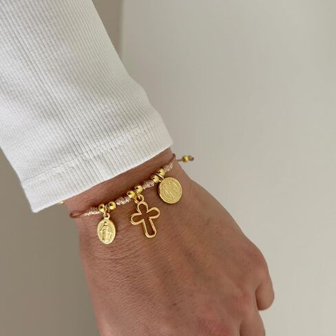 Catholic Bracelet for Women, Handmade Cross & Miraculous Medal, Adjustable Cord, Religious Jewelry, Faith Bracelet Gift, Gold Plated Charm, Boho Minimalist in Kuwait