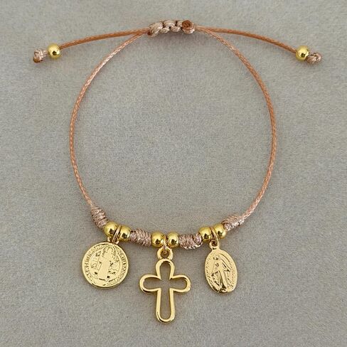 Catholic Bracelet for Women, Handmade Cross & Miraculous Medal, Adjustable Cord, Religious Jewelry, Faith Bracelet Gift, Gold Plated Charm, Boho Minimalist in Kuwait