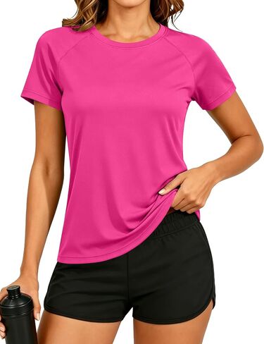 Women's Short Sleeve Workout T-Shirt UPF 50+ Raglan Sleeve Quick Dry Tops Sun Protection Crewneck Athletic Running Gym Tees in Saudi Arabia