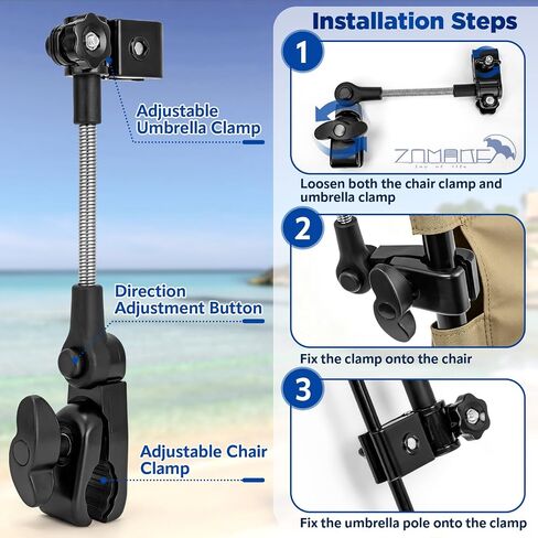 ZOMAKE Compact Umbrella with Adjustable Universal Clamp UPF 50+, Clip On Umbrella for Chair, Automatic Folding Umbrella 45“ for Beach Chair, Camping Carts, Wheelchair(Black) in Kuwait