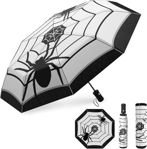 Portable Gothic Spider Umbrella Goth Halloween Gifts Compact Travel Inverted Automatic Folding Umbrellas for Rain Windproof Umbrellas Open Close Auto Sunshade Parasol Umbrella for Sun UV Protection in Kuwait