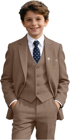 Retro Boys Herringbone Tweed Suit 5 Piece Kids Formal Suits for Wedding Tuxedos Blazer Vest Pants Suits Set in Saudi Arabia
