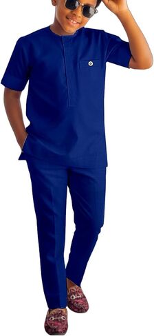 African Suits Boys Short Sleeve Dashiki Outfit Shirt & Pants Set Traditional Nigerian Attire for Kids in Saudi Arabia