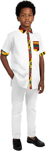 African Suits Boys Short Sleeve Dashiki Outfit Shirt & Pants Set Traditional Nigerian Attire for Kids in Saudi Arabia