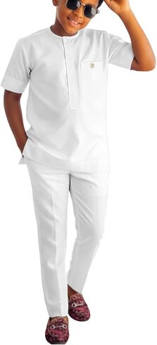 African Suits Boys Short Sleeve Dashiki Outfit Shirt & Pants Set Traditional Nigerian Attire for Kids in Saudi Arabia