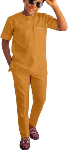 African Suits Boys Short Sleeve Dashiki Outfit Shirt & Pants Set Traditional Nigerian Attire for Kids in Saudi Arabia