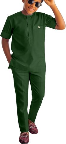 African Suits Boys Short Sleeve Dashiki Outfit Shirt & Pants Set Traditional Nigerian Attire for Kids in Saudi Arabia