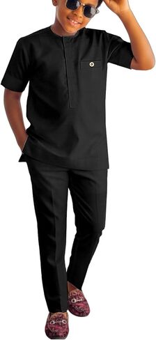 African Suits Boys Short Sleeve Dashiki Outfit Shirt & Pants Set Traditional Nigerian Attire for Kids in Saudi Arabia