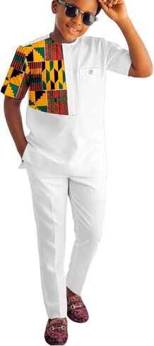 African Suits Boys Short Sleeve Dashiki Outfit Shirt & Pants Set Traditional Nigerian Attire for Kids in Saudi Arabia