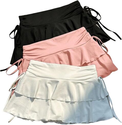 SHENHE Women's 3 Pack Y2k Ruffle Mini Skirt Low Rise Tiered Layer Drawstring Side Coquette Skirt in Kuwait