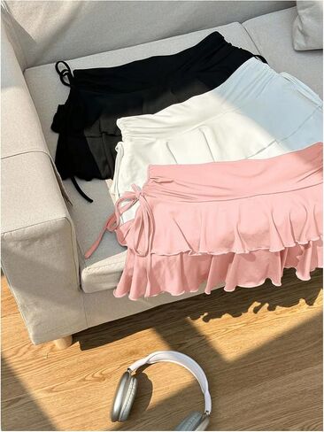 SHENHE Women's 3 Pack Y2k Ruffle Mini Skirt Low Rise Tiered Layer Drawstring Side Coquette Skirt in Kuwait