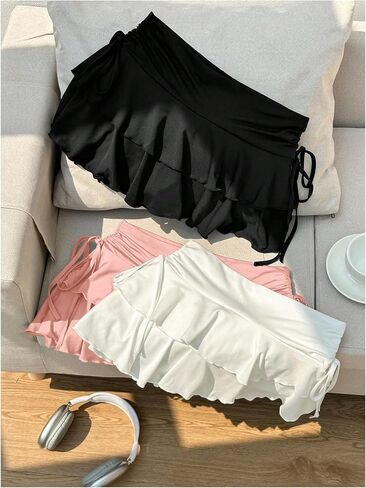 SHENHE Women's 3 Pack Y2k Ruffle Mini Skirt Low Rise Tiered Layer Drawstring Side Coquette Skirt in Kuwait