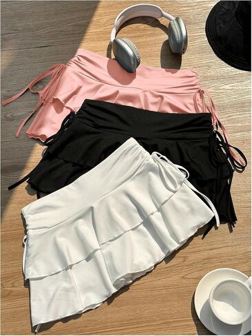 SHENHE Women's 3 Pack Y2k Ruffle Mini Skirt Low Rise Tiered Layer Drawstring Side Coquette Skirt in Kuwait