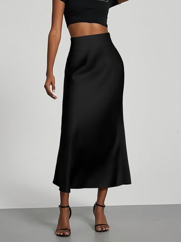 Womens Midi Skirt - A-Line High Waist Stretchy Soft Flowy Elastic Waist for Fall Casual in Kuwait
