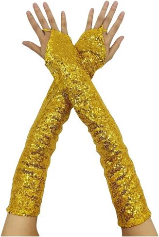 Fashion Long Sequins Lace Fingerless Gloves Sparkly Gloves for Glitter Rave Party Costume Performances Wedding Evening Prom in Kuwait