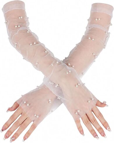 White Pearl Bridal Gloves Fingerless, Long Sheer Tulle Wedding Gloves for Bride, Elbow Length Mesh Lace Sleeves for Opera Tea Party and Women in Saudi Arabia