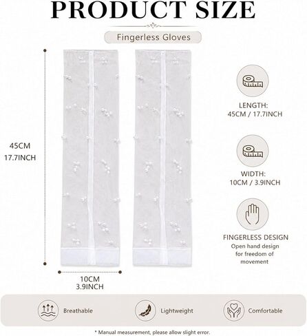 White Pearl Bridal Gloves Fingerless, Long Sheer Tulle Wedding Gloves for Bride, Elbow Length Mesh Lace Sleeves for Opera Tea Party and Women in Saudi Arabia