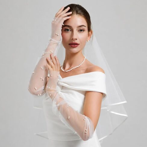 White Pearl Bridal Gloves Fingerless, Long Sheer Tulle Wedding Gloves for Bride, Elbow Length Mesh Lace Sleeves for Opera Tea Party and Women in Saudi Arabia