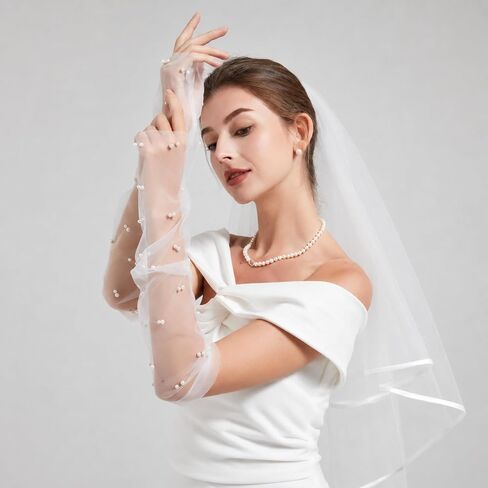 White Pearl Bridal Gloves Fingerless, Long Sheer Tulle Wedding Gloves for Bride, Elbow Length Mesh Lace Sleeves for Opera Tea Party and Women in Saudi Arabia