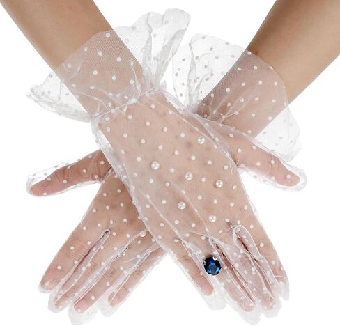 White Lace Gloves Pearl Polka Dot Sheer Mesh Glove White Tea Party Gloves Ruffle Trim Wedding Bridal Glove for Women Prom, Halloween Costume & Photoshoot in Kuwait