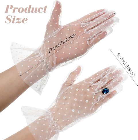 White Lace Gloves Pearl Polka Dot Sheer Mesh Glove White Tea Party Gloves Ruffle Trim Wedding Bridal Glove for Women Prom, Halloween Costume & Photoshoot in Kuwait