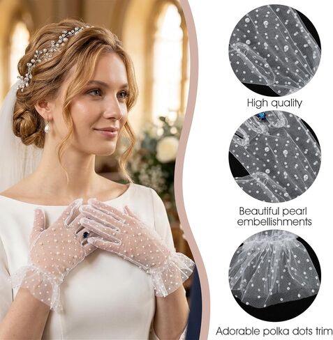 White Lace Gloves Pearl Polka Dot Sheer Mesh Glove White Tea Party Gloves Ruffle Trim Wedding Bridal Glove for Women Prom, Halloween Costume & Photoshoot in Kuwait