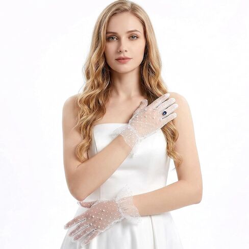 White Lace Gloves Pearl Polka Dot Sheer Mesh Glove White Tea Party Gloves Ruffle Trim Wedding Bridal Glove for Women Prom, Halloween Costume & Photoshoot in Kuwait