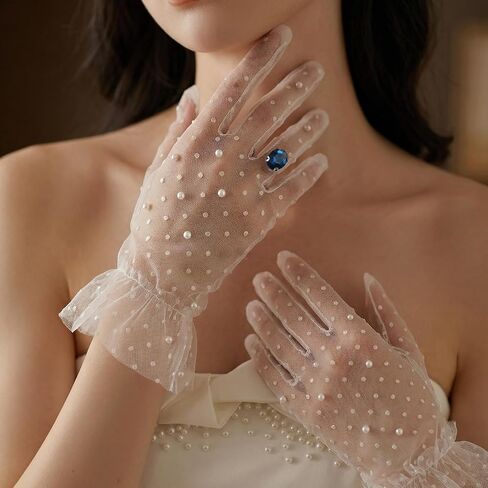 White Lace Gloves Pearl Polka Dot Sheer Mesh Glove White Tea Party Gloves Ruffle Trim Wedding Bridal Glove for Women Prom, Halloween Costume & Photoshoot in Kuwait
