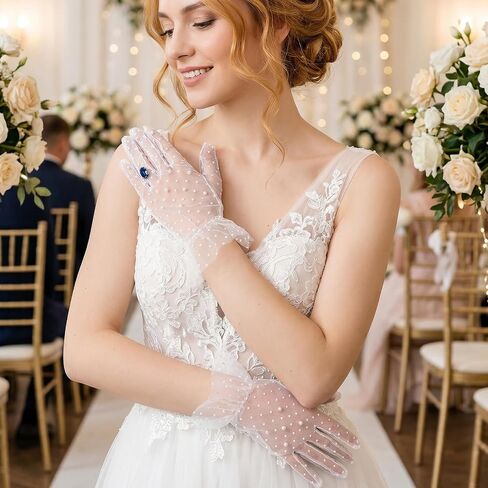 White Lace Gloves Pearl Polka Dot Sheer Mesh Glove White Tea Party Gloves Ruffle Trim Wedding Bridal Glove for Women Prom, Halloween Costume & Photoshoot in Kuwait