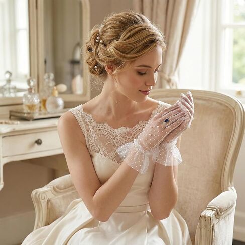 White Lace Gloves Pearl Polka Dot Sheer Mesh Glove White Tea Party Gloves Ruffle Trim Wedding Bridal Glove for Women Prom, Halloween Costume & Photoshoot in Kuwait