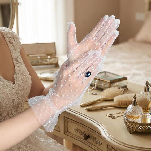 White Lace Gloves Pearl Polka Dot Sheer Mesh Glove White Tea Party Gloves Ruffle Trim Wedding Bridal Glove for Women Prom, Halloween Costume & Photoshoot in Kuwait