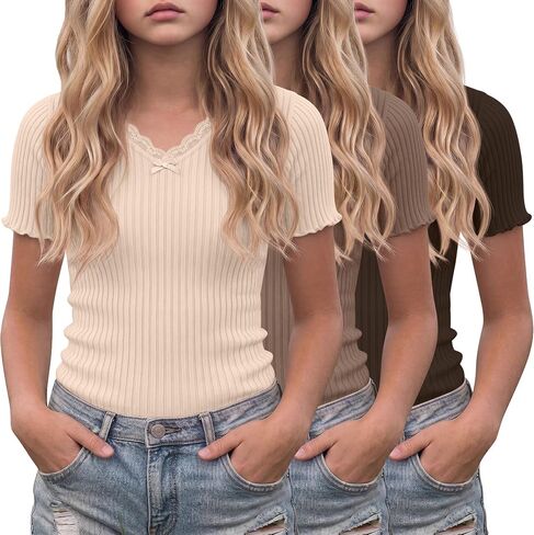 3 Pack Girl's Short Sleeve Shirts Ribbed V Neck Tees Slim Fit Lace Trim Blouse Bow Lettuce Trim T-Shirts 5-14 Years in Kuwait