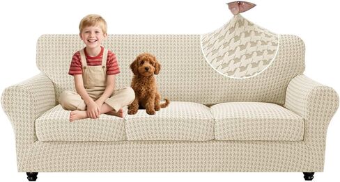 MAXIJIN 4 Pieces Stretch Couch Covers for 3 Cushion Sofa Pet Friendly Couch Cover for Dogs Washable Sofa Slipcovers Thick Soft Furniture Protector with Non Slip Strap (Beige, 71"-91") in Saudi Arabia